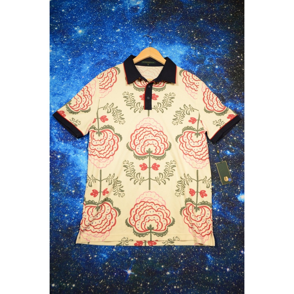 Extracurricular Polo Shirt Mens Medium Floral Print Cream Navy Collar Golf - Picture 1 of 8